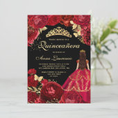 Elegant Glam Zwart Goud Rood Quinceanera Kaart (Staand voorkant)