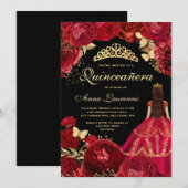Elegant Glam Zwart Goud Rood Quinceanera Kaart (Voorkant / Achterkant)