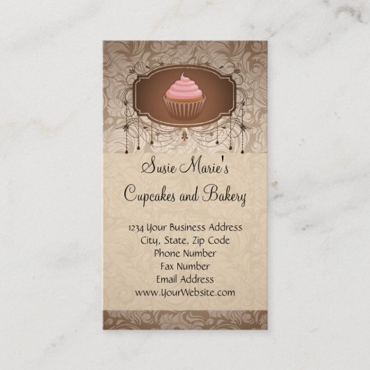 Elegant Glamor Mocha Damask Cupcake Bakery Visitekaartje (Voorkant)