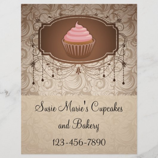Elegant Glamor Mocha Damask Cupcake Design Flyer (Voorkant)