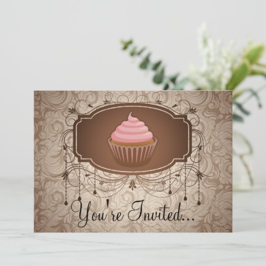 Elegant Glamor Mocha Damask Cupcake Design Kaart (Staand voorkant)