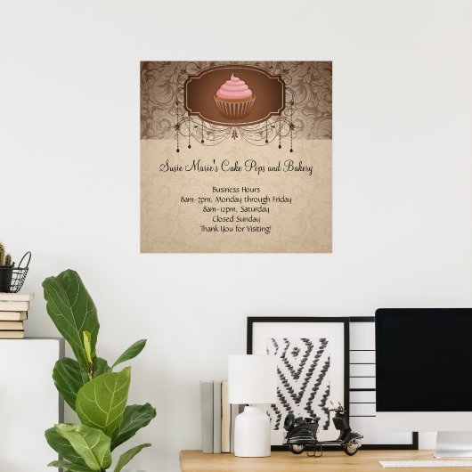 Elegant Glamor Mocha Damask Cupcake Design Sign Poster (Thuiskantoor)