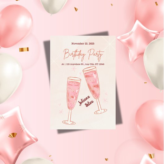 Elegant Glamorous Pink Champagne Birthday  Kaart