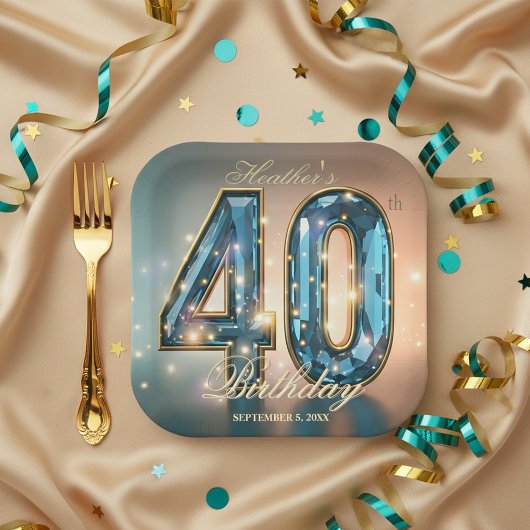 Elegant Glamorous Teal Crystal 40th Birthday Party Papieren Bordje