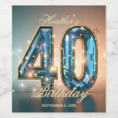 Elegant Glamorous Teal Gold Crystal 40th Birthday Wijn Etiket (Enkel label)