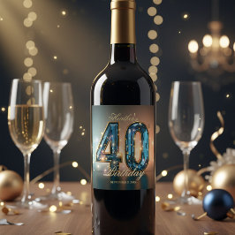 Elegant Glamorous Teal Gold Crystal 40th Birthday Wijn Etiket