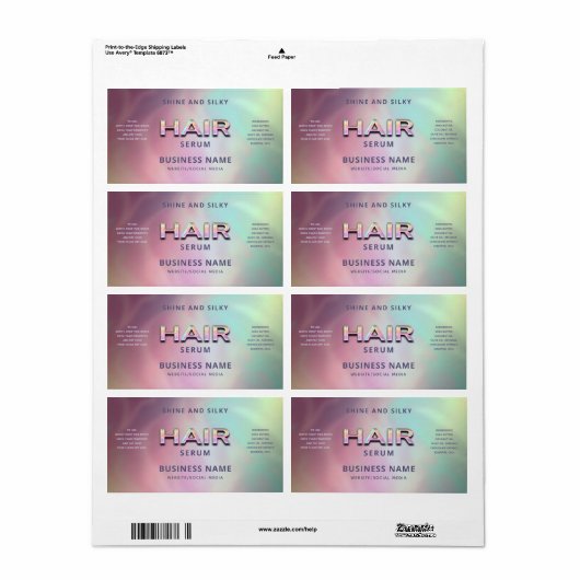 Elegant glamoureus kleurig holografisch HAIR serum Etiket (Full Sheet)
