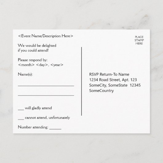Elegant, glamoureus "Please RSVP" Briefkaart (Achterkant)