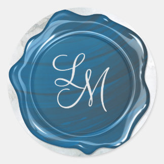 Elegant Glanzend Blauw Wax Seal Monogram Ronde Sticker