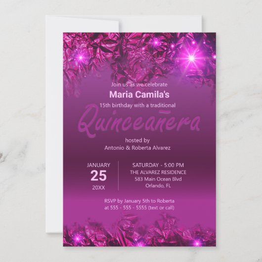 Elegant glanzend chique Paarse moderne quinceañera Kaart (Voorkant)