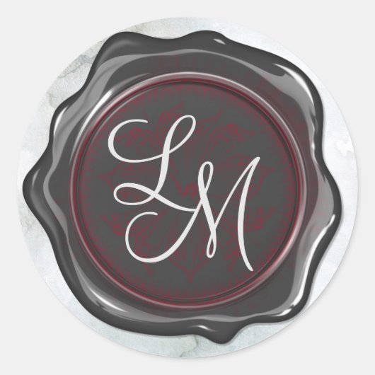 Elegant Glanzend Zwart en Rood Wax Seal Monogram Ronde Sticker (Voorkant)