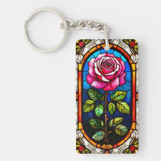 Elegant glas-in-loodkunstwerk van een levendige ro sleutelhanger (Voorkant)
