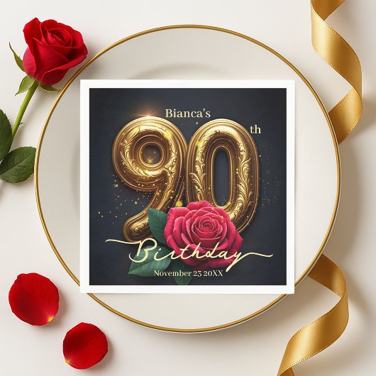 Elegant Glimmering Red Rose Gold 90th Birthday  Servet