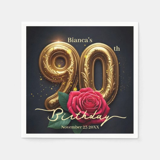 Elegant Glimmering Red Rose Gold 90th Birthday  Servet (Voorkant)