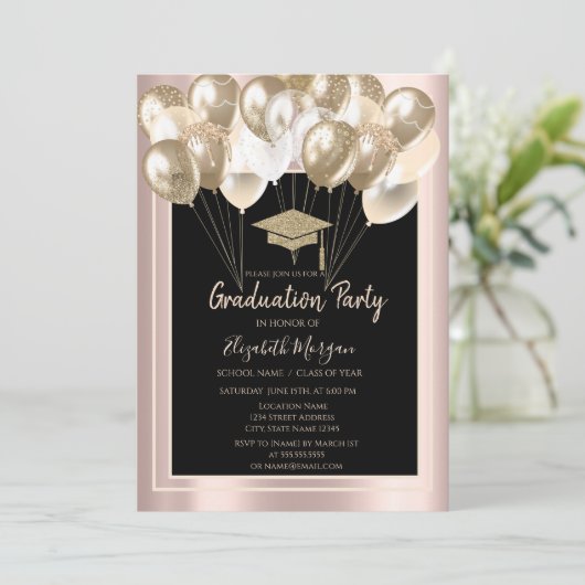 Elegant Glitter Afstudeerder Pet, ballonnen Roos G Kaart (Staand voorkant)