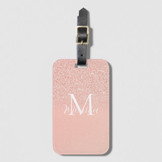 Elegant Glitter Baby Pink Monogram Name Minimal Bagagelabel (Voorkant (verticaal))