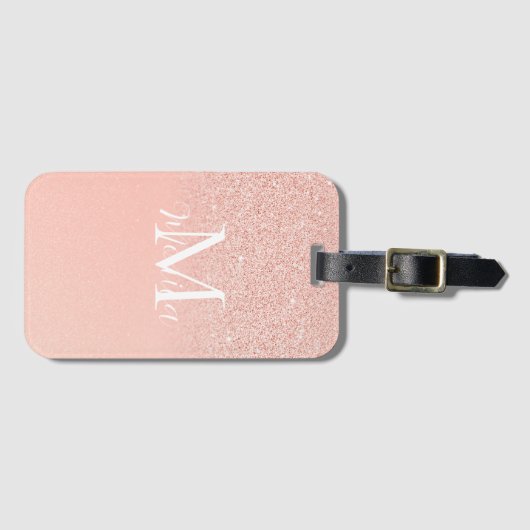 Elegant Glitter Baby Pink Monogram Name Minimal Bagagelabel (Voorkant (horizontaal))