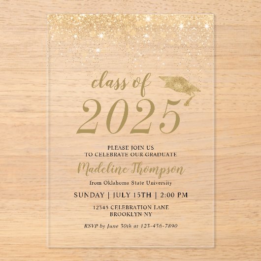 Elegant Glitter Black Gold Pet Graduparty Acryl Uitnodigingen (Voorkant)