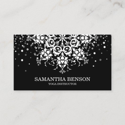 Elegant Glitter Black & White Flower Logo Yoga Visitekaartje (Voorkant)