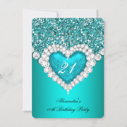 Elegant Glitter Blauwgroen Blue Diamond Heart Birt Kaart (Voorkant)