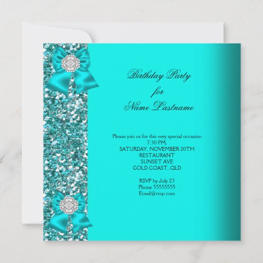 Elegant Glitter Blauwgroen Blue Diamonds Birthday  Kaart (Achterkant)
