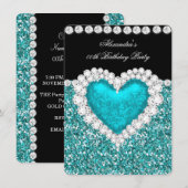 Elegant Glitter Blauwgroen Blue Heart Birthday 2 Kaart (Voorkant / Achterkant)