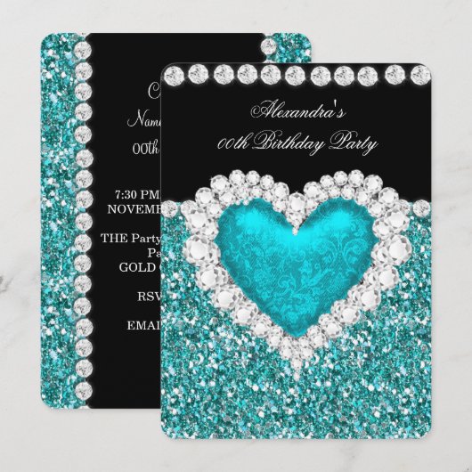 Elegant Glitter Blauwgroen Blue Heart Birthday 2 Kaart (Voorkant / Achterkant)