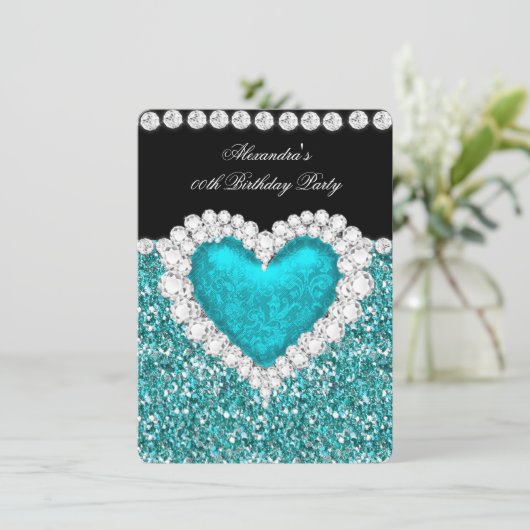 Elegant Glitter Blauwgroen Blue Heart Birthday 2 Kaart (Staand voorkant)