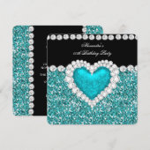 Elegant Glitter Blauwgroen Blue Heart Birthday Par Kaart (Voorkant / Achterkant)