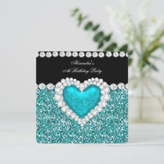 Elegant Glitter Blauwgroen Blue Heart Birthday Par Kaart (Staand voorkant)