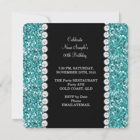 Elegant Glitter Blauwgroen Blue Heart Birthday Par Kaart (Achterkant)
