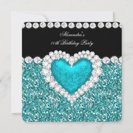 Elegant Glitter Blauwgroen Blue Heart Birthday Par Kaart (Voorkant)