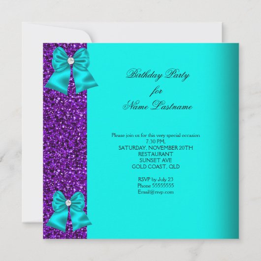 Elegant Glitter Blauwgroen Paarse Diamonds op zate Kaart (Achterkant)