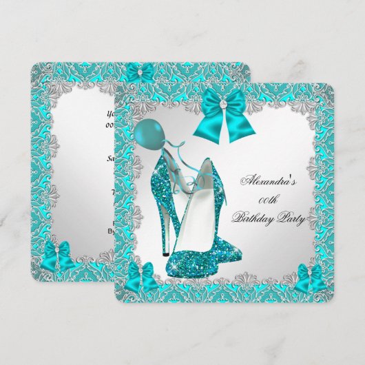 Elegant Glitter Blauwgroen Stiletto Birthday Party Kaart (Voorkant / Achterkant)