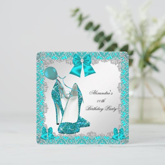 Elegant Glitter Blauwgroen Stiletto Birthday Party Kaart (Staand voorkant)