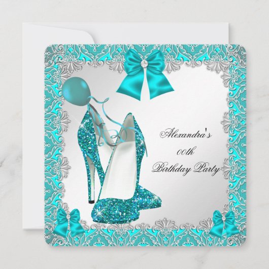 Elegant Glitter Blauwgroen Stiletto Birthday Party Kaart (Voorkant)