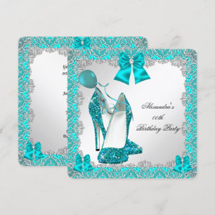 Elegant Glitter Blauwgroen Stiletto Birthday Party Kaart