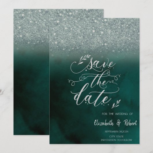 Elegant Glitter Bokeh Groen Bewaar De Datum Save The Date (Voorkant / Achterkant)