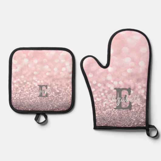 Elegant Glitter Bokeh Monogram Ovenwant & Pannenlap Set (Voorkant)