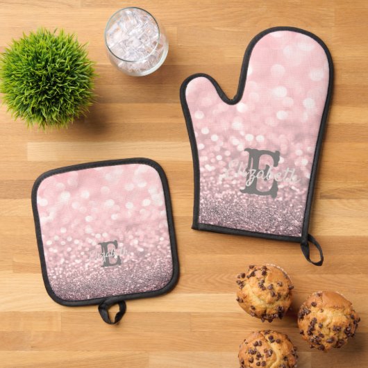 Elegant Glitter Bokeh Monogram Ovenwant & Pannenlap Set (Top down)