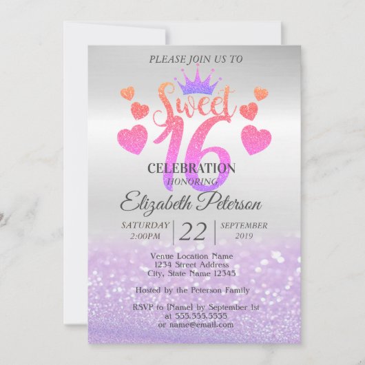 Elegant Glitter Bokeh Ombre, Tiara, Sweet 16 Party Kaart (Voorkant)