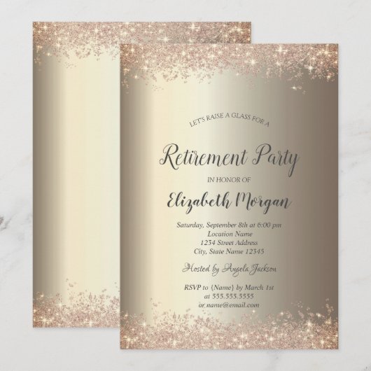 Elegant Glitter Border Champagne Retirement Kaart (Voorkant / Achterkant)