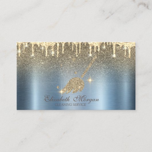 Elegant Glitter Broom Maid Cleaning House Blue Visitekaartje (Voorkant)
