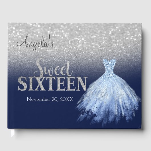 Elegant Glitter Dress Bokeh Blue Sweet 16 Gastenboek (Voorkant)