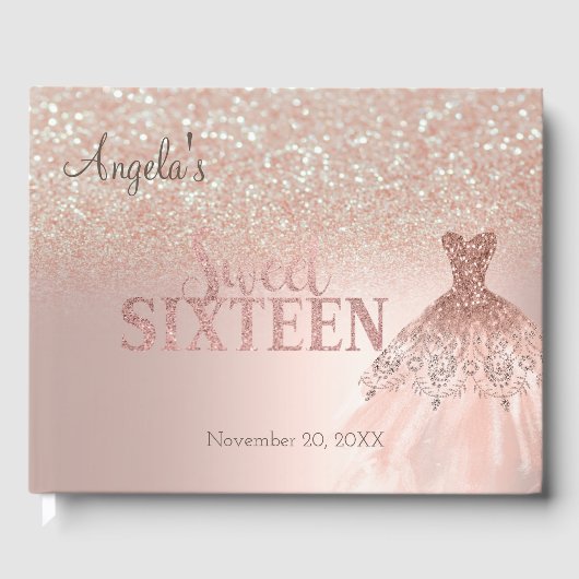 Elegant Glitter Dress Bokeh Roos Gold Sweet 16 Gastenboek (Voorkant)