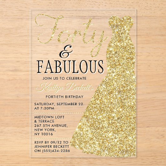 Elegant Glitter Dress | Veertig jaar en feestdag Acryl Uitnodigingen (Voorkant)