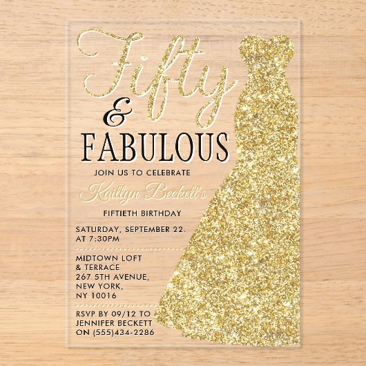 Elegant Glitter Dress | Vijftig jaar en feestdag Acryl Uitnodigingen (Voorkant)