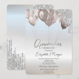 Elegant Glitter Drift Balloons Silver Quinceañera Kaart