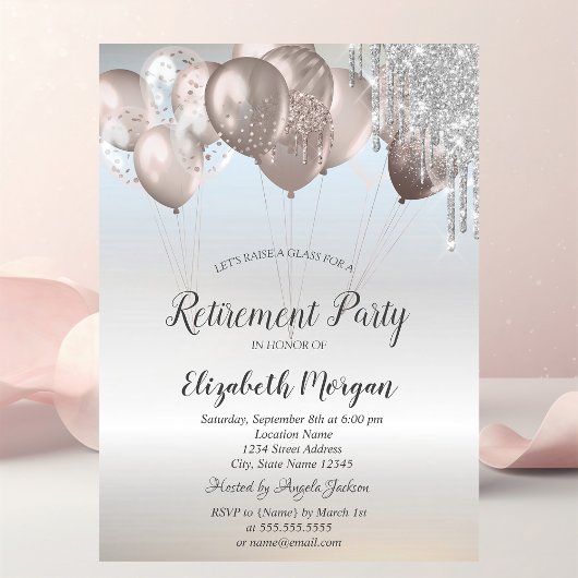 Elegant Glitter Drift Balloons Silver Retirement Kaart