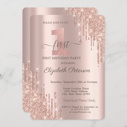 Elegant Glitter Drift Roos Gold 1e verjaardag Kaart (Voorkant / Achterkant)